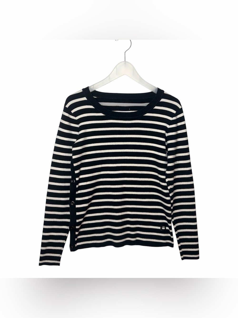 G-star RAW Iria Womens L Striped Knit Pullover Sweater Black White Side Buttons